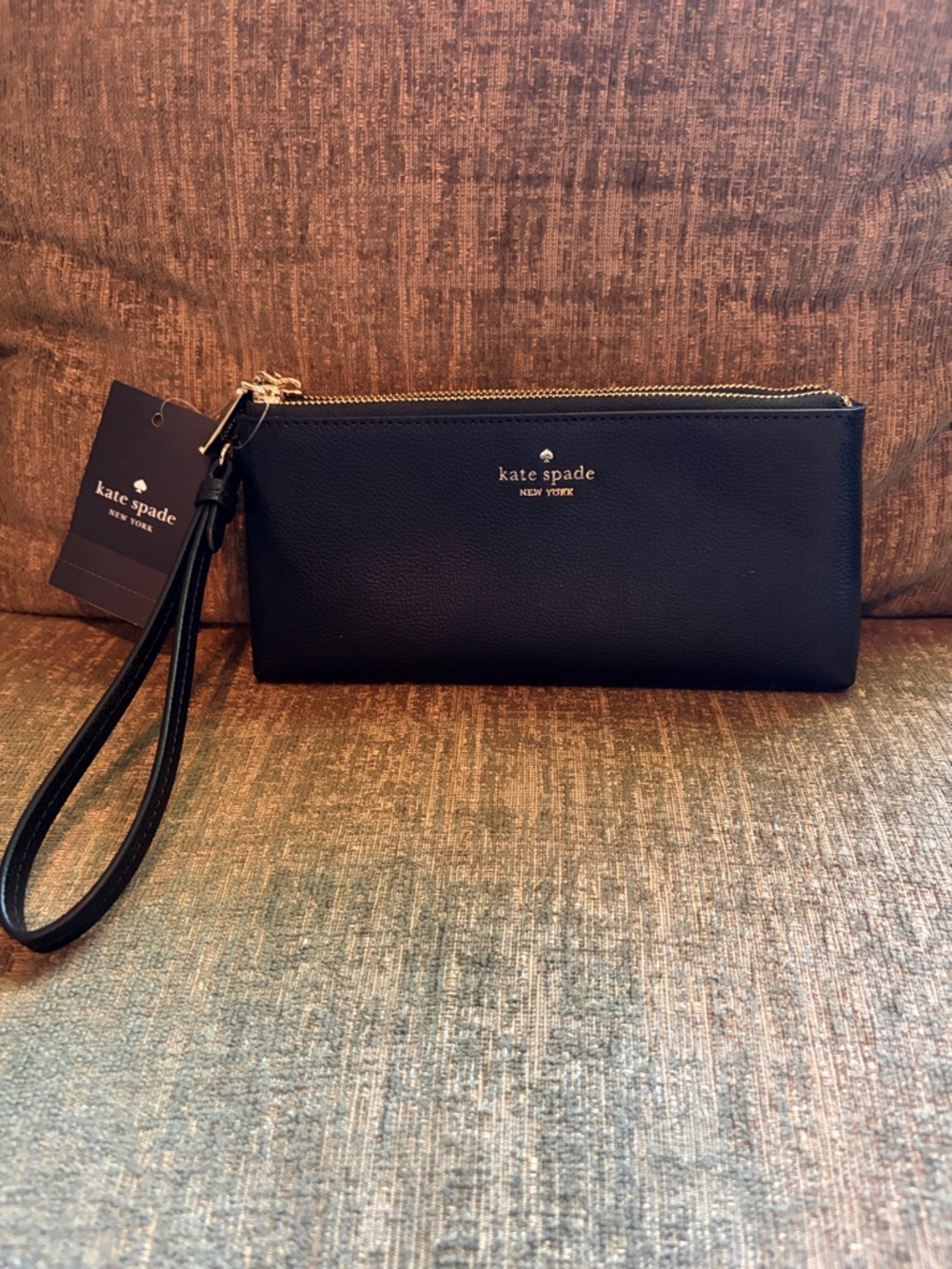 kate spade Black Leather Zip Wristlet with Gold Hardware